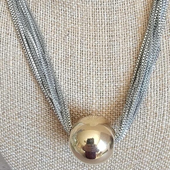Multi-Layer Layer Silver Tone Necklace Snake w/Gold Tone Sphere - Picture 4 of 4